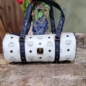 MCM EUC White and Black Women's Barrel Bag